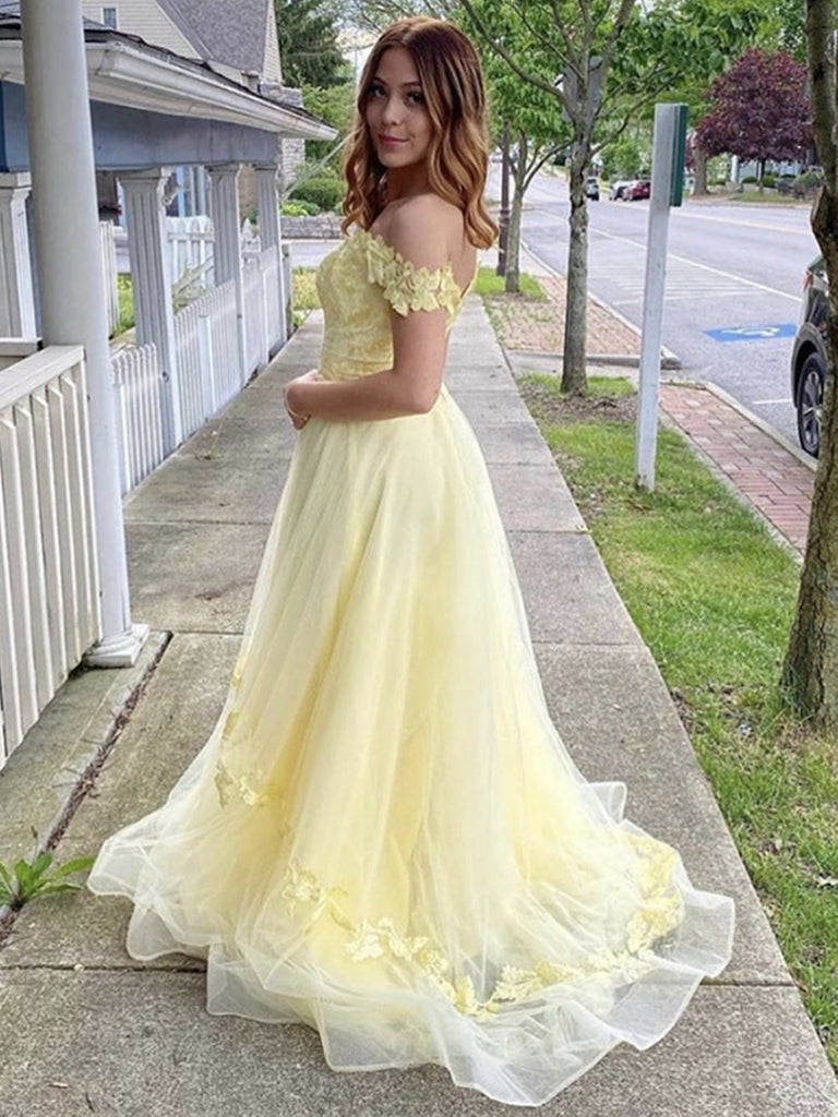 Off the Shoulder Yellow Floral Long Prom Dresses, Yellow Floral