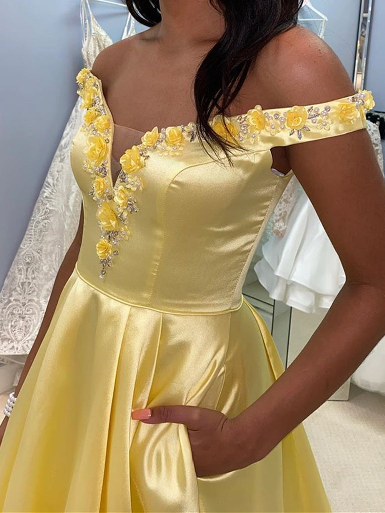Off the Shoulder Yellow Satin Long Prom Dress, 3D Floral Off Shoulder jbydress Off the Shoulder Yellow Satin Long Prom Dress, 3D Floral Off Shoulder jbydress