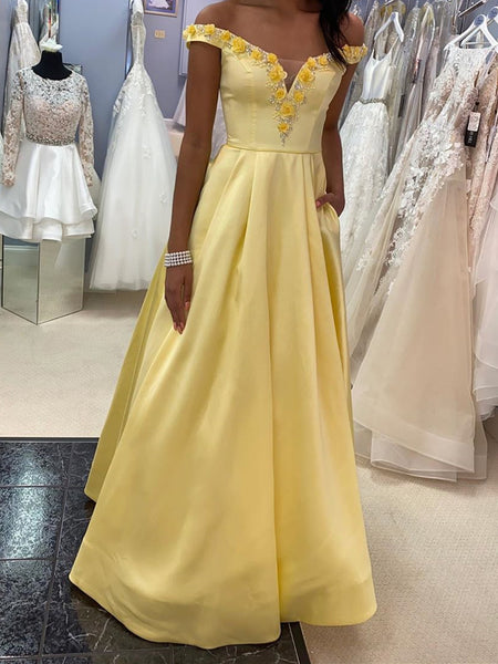 Off the Shoulder Yellow Satin Long Prom Dress, 3D Floral Off Shoulder Long Formal Evening Dresses