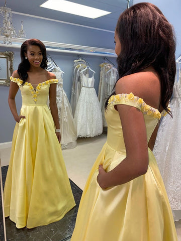 Off the Shoulder Yellow Satin Long Prom Dress, 3D Floral Off Shoulder Long Formal Evening Dresses