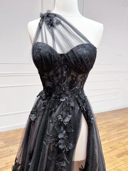 One Shoulder Black Lace Floral Long Prom Dresses with High Slit, Black Formal Graduation Evening Dresses with 3D Flowers