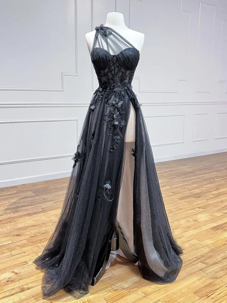 One Shoulder Black Lace Floral Long Prom Dresses with High Slit, Black jbydress One Shoulder Black Lace Floral Long Prom Dresses with High Slit, Black jbydress