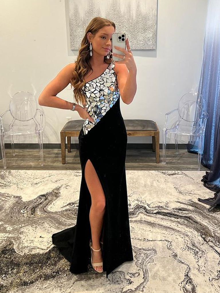 One Shoulder Black Mermaid Rhinestone Prom Dresses, One Shoulder Black jbydress One Shoulder Black Mermaid Rhinestone Prom Dresses, One Shoulder Black jbydress