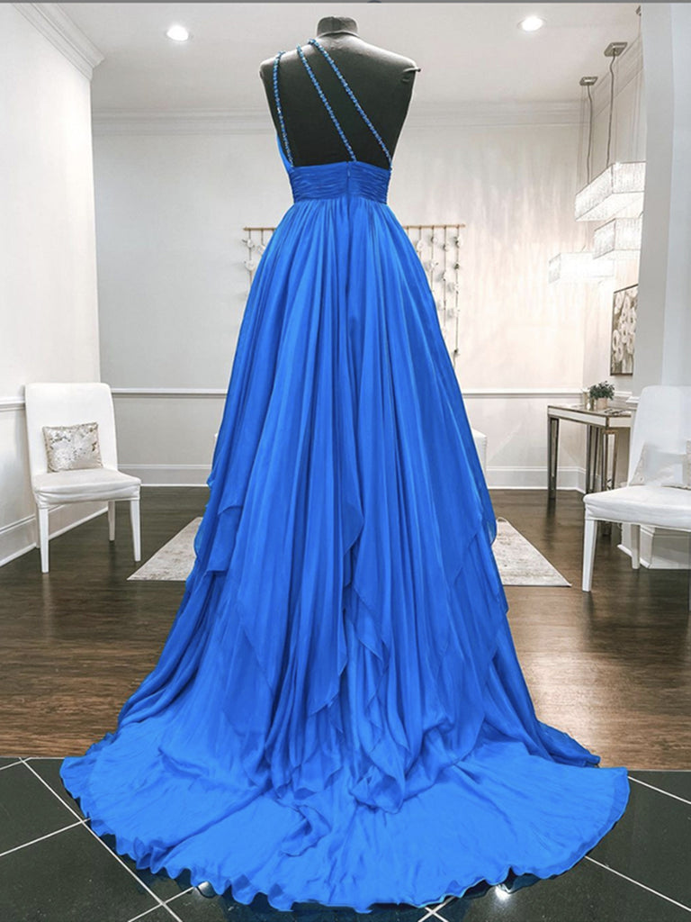 One Shoulder Blue Backless Long Prom Dresses, Open Back Blue Long Form