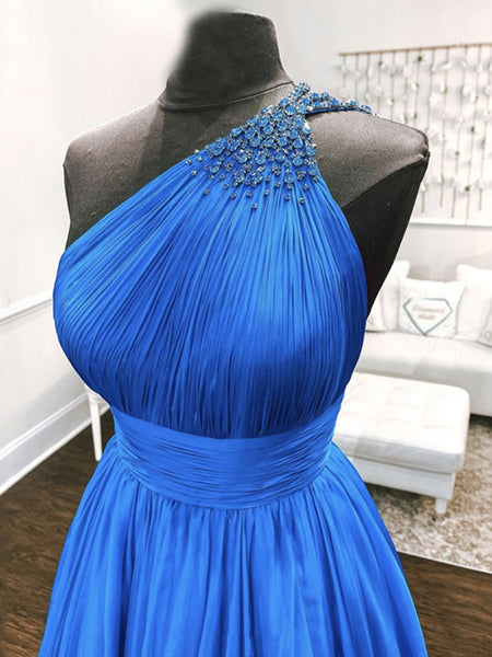 One Shoulder Blue Backless Long Prom Dresses, Open Back Blue Long Formal Evening Dresses