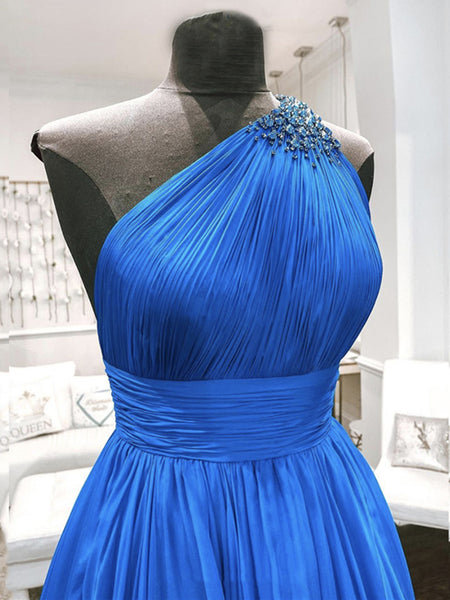 One Shoulder Blue Backless Long Prom Dresses, Open Back Blue Long Formal Evening Dresses