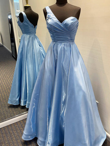 One Shoulder Blue Satin Long Prom Dresses, One Shoulder Blue Long Formal Evening Dresses