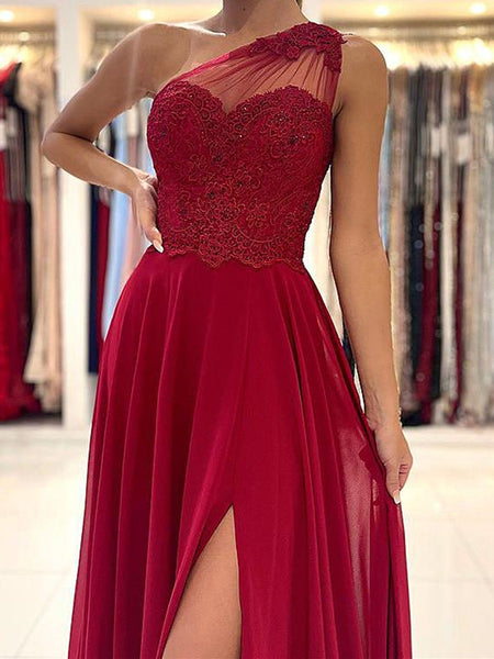 One Shoulder Burgundy Lace Prom Dresses, One Shoulder Burgundy Lace Formal Evening Dresses