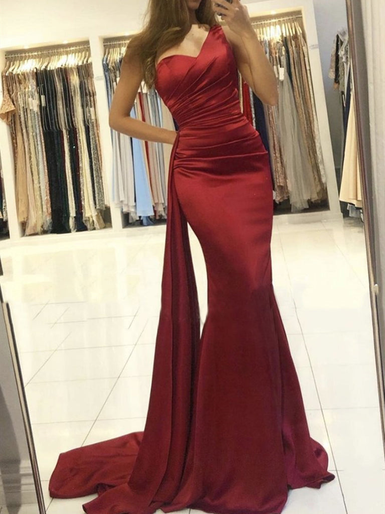 One Shoulder Burgundy Satin Long Prom Dresses, Wine Red One Shoulder Long Formal Evening Dresses