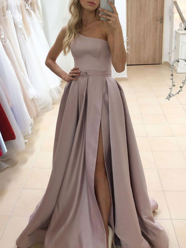 one shoulder champagne prom dress Fabulous Champagne One-shoulder Thigh-high Slit Prom Gown