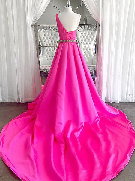 One Shoulder Hot Pink Prom Dresses, Hot Pink One Shoulder Formal Evening Dresses