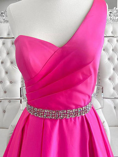 One Shoulder Hot Pink Prom Dresses, Hot Pink One Shoulder Formal Evening Dresses