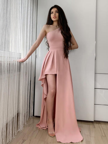 One Shoulder Pink Long Prom Dress, One Shoulder Pink Long Formal Evening Dresses
