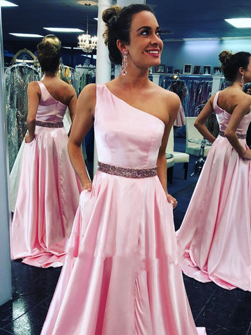 One Shoulder Pink Satin Long Prom Dresses, Pink Satin Long Formal Evening Dresses