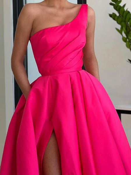 One Shoulder Pink Satin Prom Dresses, One Shoulder Pink Satin Formal Evening Dresses