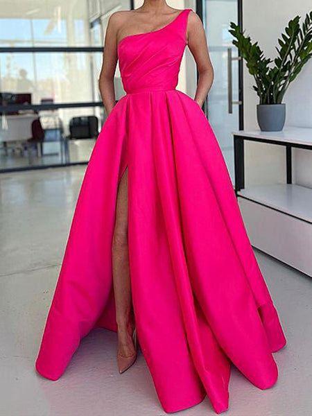 One Shoulder Pink Satin Prom Dresses, One Shoulder Pink Satin Formal Evening Dresses