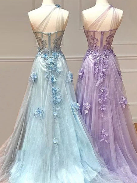 One Shoulder Purple Blue Lace Prom Dresses, One Shoulder Purple Blue Long Formal Graduation Dresses
