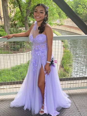 One Shoulder Purple Lace Prom Dresses, One Shoulder Purple Lace Formal Evening Dresses