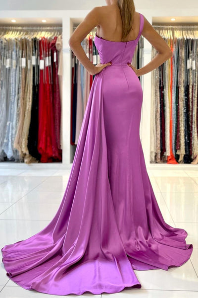 One Shoulder Purple Satin Mermaid Prom Dresses, One Shoulder Purple Satin Long Formal Evening Dresses