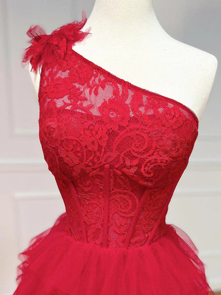 One Shoulder Red Lace Prom Dresses, One Shoulder Red Lace Formal Evening Dresses