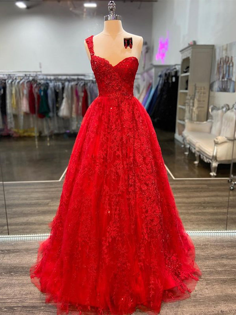 One Shoulder Red Lace Prom Dresses, One Shoulder Red Lace Formal Eveni jbydress One Shoulder Red Lace Prom Dresses, One Shoulder Red Lace Formal Eveni jbydress