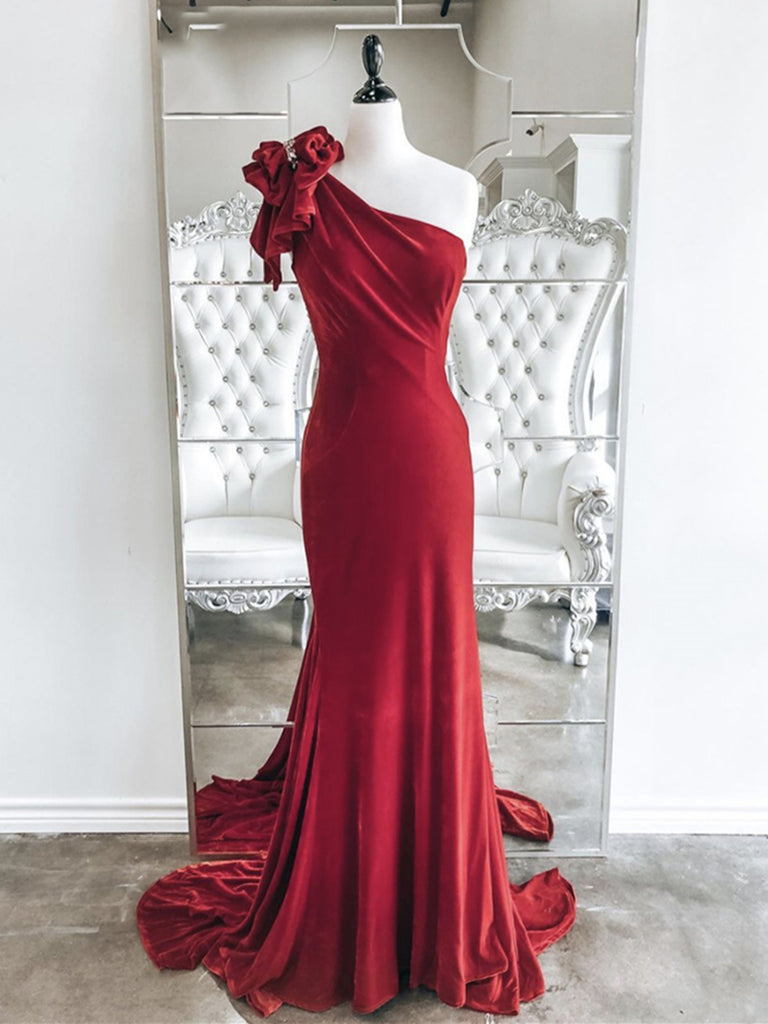 One Shoulder Red Velvet Mermaid Long Prom Dresses, Red Mermaid Long Fo jbydress One Shoulder Red Velvet Mermaid Long Prom Dresses, Red Mermaid Long Fo jbydress