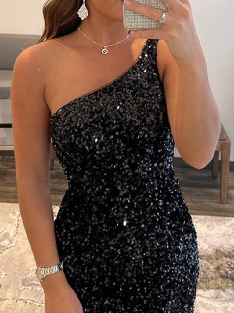 One Shoulder Short Black Prom Dresses, Short Black Formal Graduation D