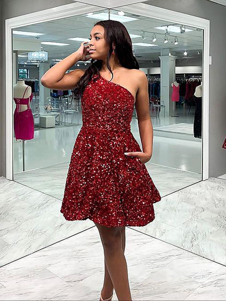 One Shoulder Short Burgundy Prom Dresses, One Shoulder Short Wine Red jbydress One Shoulder Short Burgundy Prom Dresses, One Shoulder Short Wine Red jbydress