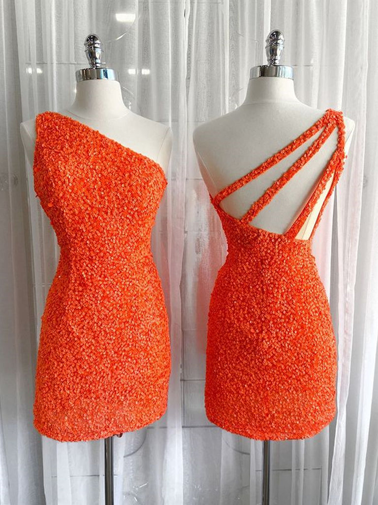 One Shoulder Short Orange Prom Dresses, One Shoulder Short Orange Formal Graduation Dresses