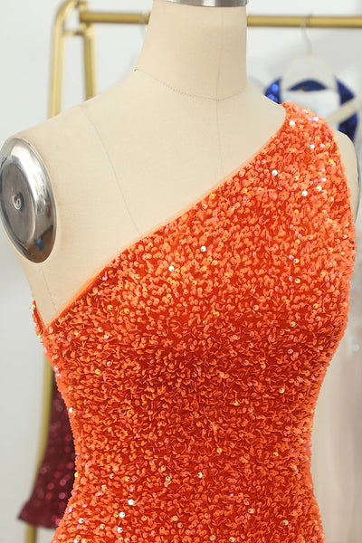 One Shoulder Short Orange Prom Dresses, Short Orange Formal Homecoming Dresses