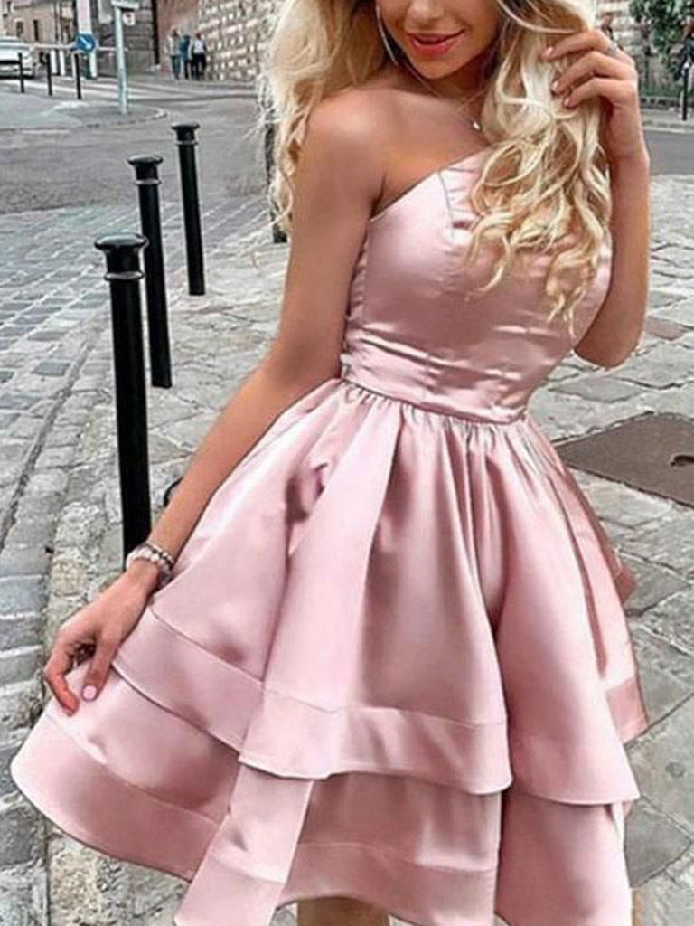 One Shoulder Short Pink Prom Dresses, Short Pink One Shoulder Formal Homecoming Dresses