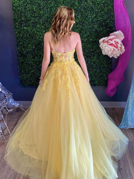 One Shoulder Yellow Lace Floral Long Prom Dresses, Yellow Long Lace Formal Graduation Dresses