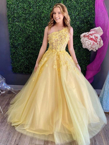 One Shoulder Yellow Lace Floral Long Prom Dresses, Yellow Long Lace Formal Graduation Dresses