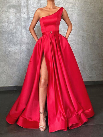 One Shoulder Red Satin Long Prom Dresses, One Shoulder Red Satin Formal Evening Graduation Dresses