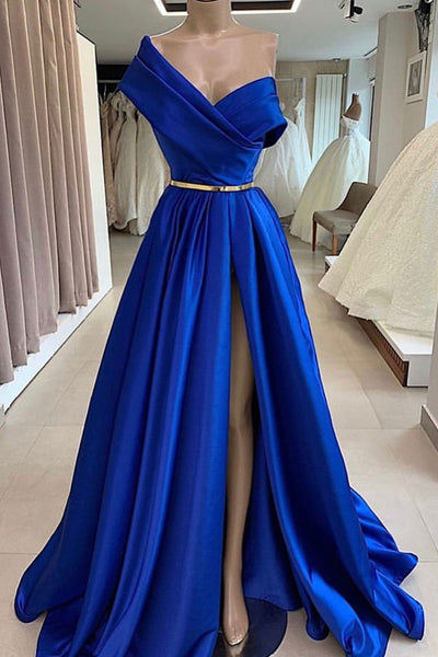 One Shoulder Royal Blue Floor Length Prom Dress with High Slit, High Slit Royal Blue Long Formal Evening Dresses