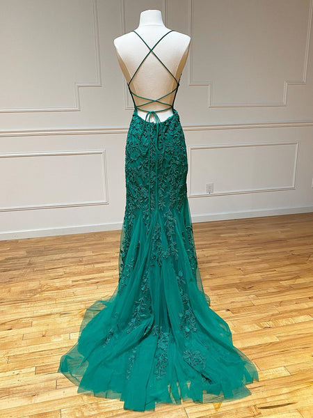 Open Back Green Mermaid Lace Prom Dresses, Backless Green Mermaid Lace Formal Evening Dresses