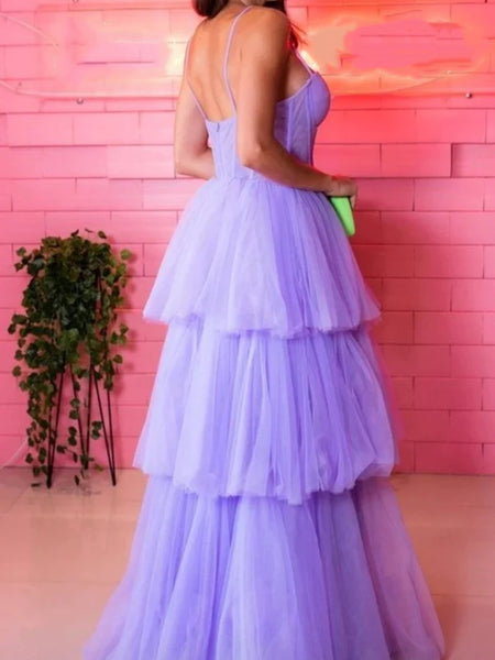 Open Back Layered Lavender Tulle Long Prom Dresses, Purple Formal Dresses, Lilac Evening Dresses