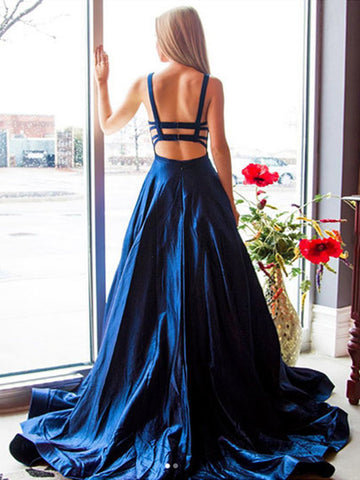 Open Back Navy Blue Long Prom Dresses, Backless Dark Blue Formal Evening Dresses