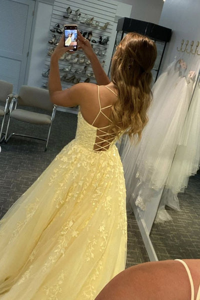 Open Back Yellow Lace Prom Dresses, Backless Yellow Lace Formal Evening Dresses