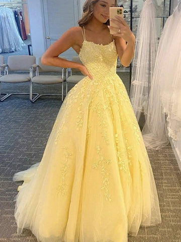 Open Back Yellow Lace Prom Dresses, Backless Yellow Lace Formal Evening Dresses