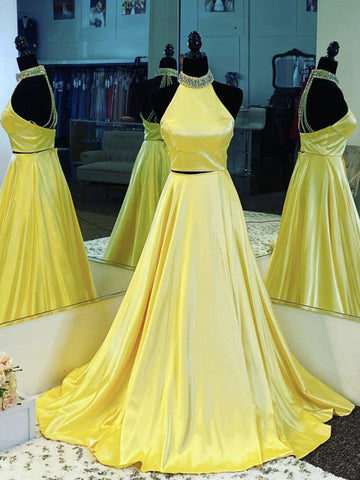 Open Back Yellow Satin Long Prom Dresses, Backless Long Yellow Formal Evening Dresses