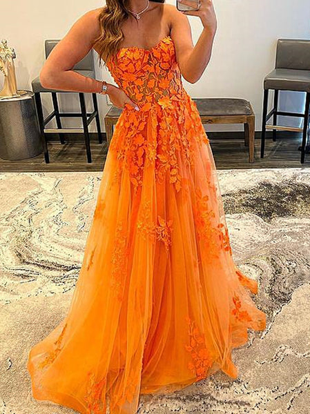 Orange Lace Long Prom Dresses, Orange Lace Formal Graduation Dresses