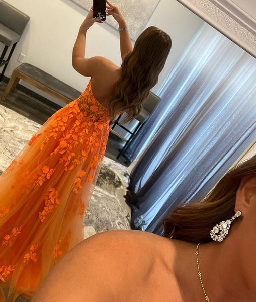 Orange Lace Long Prom Dresses, Orange Lace Formal Graduation Dresses