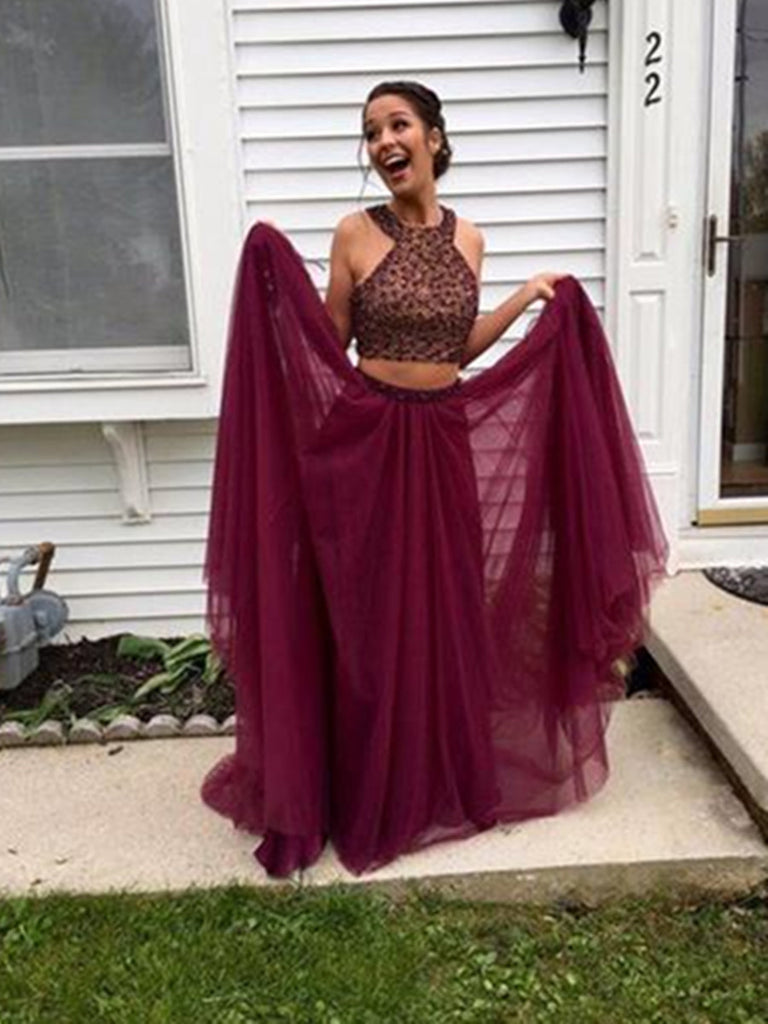 Custom Made A Line Round Neck 2 Pieces Maroon Prom Dresses, 2 Pieces M jbydress Custom Made A Line Round Neck 2 Pieces Maroon Prom Dresses, 2 Pieces M jbydress
