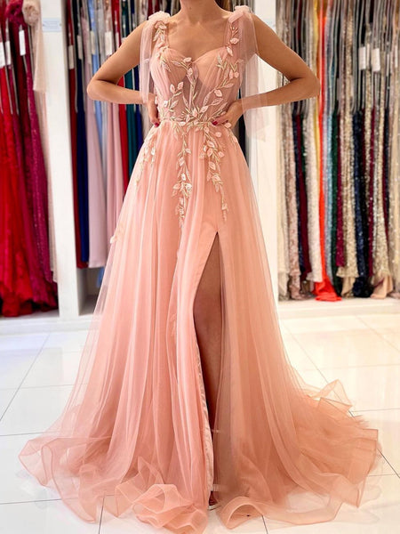 Peach Pink Lace Floral Prom Dresses, Peach Pink Lace Formal Evening Dresses