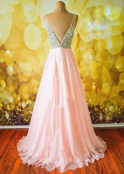 Pink A Line V Neck Sleeveless Long Prom Dresses, Pink V Neck Formal Dresses, Evening Dresses