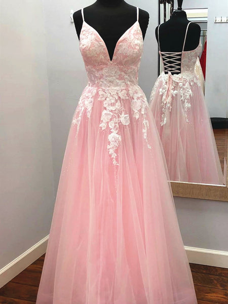 Pink Blue V Neck Backless Lace Prom Dresses, Open Back Lace Formal Evening Dresses