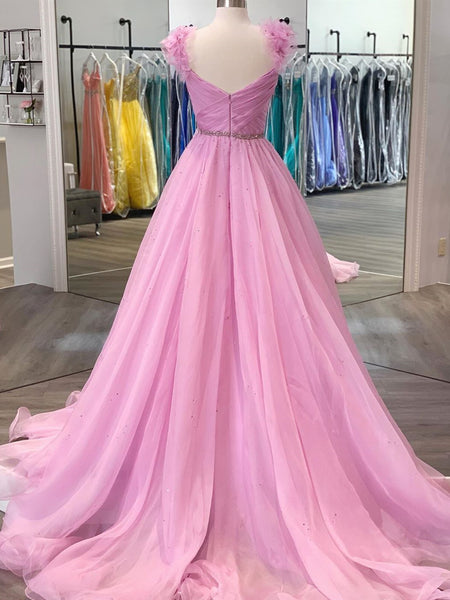 Pink Floral Long Prom Dresses, Pink Long Formal Evening Dresses with Flower Straps 