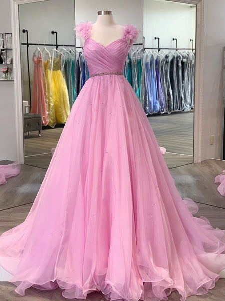 Pink Floral Long Prom Dresses, Pink Long Formal Evening Dresses with Flower Straps