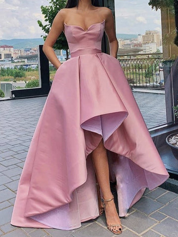 Pink High Low Satin Prom Dresses, Pink High Low Satin Formal Homecoming Dresses